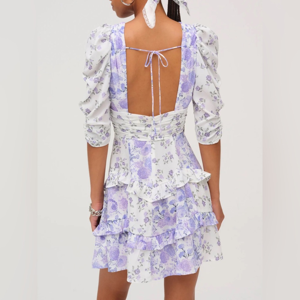 For Love and Lemons Rosalyn Mini Dress Lavender Floral Ruffle Dress Size Small - Picture 2 of 11